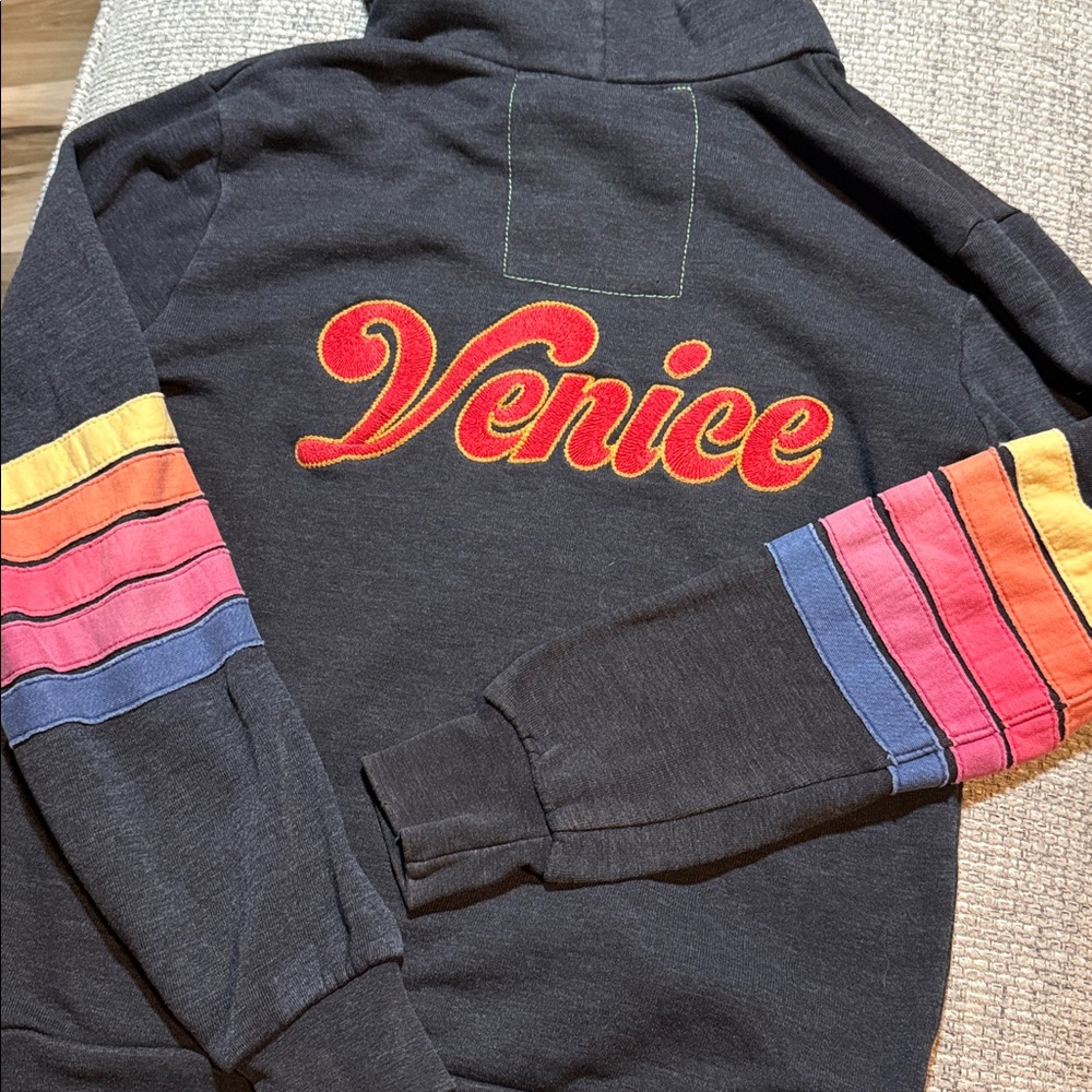 VTG Aviator Nation Venice Embroidered Patch Full Zip Hoodie Charcoal 5 Stripes S - Picture 2 of 7